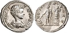 Roman Imperial Geta, as Caesar, 198-209. Denarius (Silver, 18 mm, 3.46 g, 6 h), Rome, 200-202. P SEPT GETA CAES PONT Bare-headed and draped bust of Geta to right, seen from behind. Rev. PRINC IVVENTVT