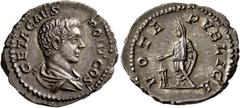 Roman Imperial Geta, as Caesar, 198-209. Denarius (Silver, 20 mm, 3.42 g, 7 h), Rome, 205. GETA CAES PONT COS Bare-headed and draped bust of Geta to right, seen from behind. Rev. VOTA PVBLICA Geta, ve