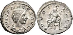 Roman Imperial Julia Maesa, Augusta, 218-224/5. Denarius (Silver, 19 mm, 2.77 g, 1 h), Rome. IVLIA MAESA AVG Draped bust of Julia Maesa to right. Rev. PVDICITIA Pudicitia seated left, raising veil wit