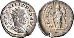 Roman Imperial Philip I, 244-249. Antoninianus (Silver, 22 mm, 4.56 g, 12 h), Rome, 247. IMP PHILIPPVS AVG Radiate, draped and cuirassed bust of Philip I to right, seen from behind. Rev. P M TR P IIII