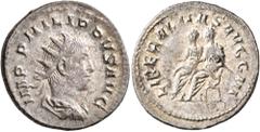 Roman Imperial Philip II, 247-249. Antoninianus (Silver, 22 mm, 4.24 g, 1 h), Rome. IMP PHILIPPVS AVG Radiate, draped and cuirassed bust of Philip II to right, seen from behind. Rev. LIBERALITAS AVGG 