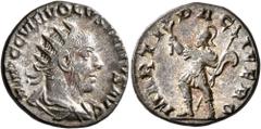 Roman Imperial Volusian, 251-253. Antoninianus (Silver, 19 mm, 4.12 g, 12 h), Antiochia. IMP C C VIB VOLVSIANVS AVG Radiate and draped bust of Volusian to right, seen from behind. Rev. MARTI PACIFERO 