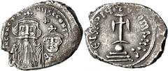 Byzantine Constans II, with Constantine IV, 641-668. Hexagram (Silver, 25 mm, 6.52 g, 7 h), Constantinopolis, 654-659. δ N CONSTANTINЧS C CONST[AN] Crowned and draped bust of Constans facing, with lon