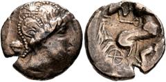 Celtic CELTIC, Northwest Gaul. Aulerci Diablintes. Late 2nd to mid 1st century BC. Stater (Electrum, 20 mm, 6.36 g, 11 h), 'à l'aigriette au décor cloisonné' type. Celticized head of Apollo to right, 