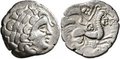 Celtic CELTIC, Northwest Gaul. Aulerci Diablintes. Circa 100-50 BC. Stater (Silver, 22 mm, 6.12 g, 7 h), 'à la situle' type. Celticized laureate head of Apollo to right, the hair in long curls with a 