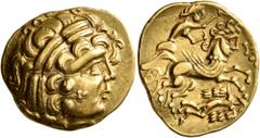 Celtic CELTIC, Northwest Gaul. Aulerci Cenomani. 2nd century BC. Stater (Gold, 21 mm, 7.65 g, 4 h), 'aux objets ovoides - personnage aux deux ailes' type. Celticized laureate head of Apollo to right, 