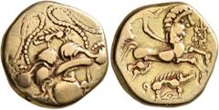 Celtic CELTIC, Northwest Gaul. Baiocassi. Late 2nd to mid 1st century BC. Stater (Electrum, 17 mm, 6.07 g, 9 h), 'au sanglier' type. Celticized male head to right, surmounted by a boar standing left a