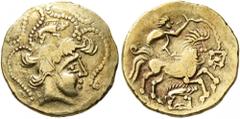 Celtic CELTIC, Northwest Gaul. Baiocassi. Late 2nd to mid 1st century BC. Quarter Stater (Electrum, 13 mm, 1.91 g, 10 h), 'aux sangliers' type. Celticized head of Apollo to right, surmounted by a boar