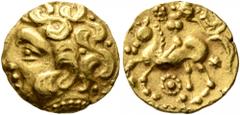 Celtic CELTIC, Northwest Gaul. Carnutes. 3rd to mid 2nd century BC. Quarter Stater (Gold, 12 mm, 2.07 g, 5 h), 'à la cavalière sans bras' type. Celticized head of Apollo to left. Rev. Celticized horse