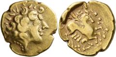 Celtic CELTIC, Northwest Gaul. Carnutes. 2nd to early 1st century BC. Stater (Electrum, 20 mm, 7.34 g, 8 h), 'au profil luniforme et à la joue lisse' type. Celticized male head to right, with curly ha