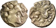 Celtic CELTIC, Northwest Gaul. Namnetes. Late 2nd to mid 1st century BC. Quarter Stater (Electrum, 12 mm, 1.78 g, 2 h), 'a l'hippophore' type. Celticized head of Apollo with S-shaped forelock to right