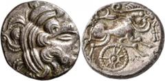 Celtic CELTIC, Northwest Gaul. Redones. Circa 60-50 BC. Stater (Billon, 21 mm, 6.46 g, 6 h), 'au profil imberbe' type. Celticized laureate head of Apollo to right. Rev. Devolved charioteer, driving ca
