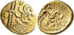 Celtic CELTIC, Northeast Gaul. Ambiani. Late 2nd to mid 1st century BC. Stater (Gold, 19 mm, 6.19 g, 12 h), 'statère biface au flan court' type. Devolved and disjointed laureate head of Apollo to righ