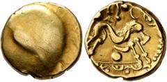 Celtic CELTIC, Northeast Gaul. Ambiani. Circa 60-30 BC. Stater (Gold, 16 mm, 6.17 g), 'statére uniface' type. Irregular blank convex surface. Rev. Celticized horse galloping to right, horseman transfo