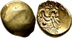 Celtic CELTIC, Northeast Gaul. Ambiani. Circa 60-30 BC. Stater (Gold, 18 mm, 6.15 g). Blank convex surface. Rev. Celticized horse galloping to right, horseman transformed into fibula-like figure; arou