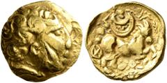 Celtic CELTIC, Northeast Gaul. Atrebates. 3rd to early 2nd century BC. Quarter Stater (Gold, 12 mm, 2.05 g, 7 h), 'au croissant' type. Male head with curley hair and rounded forehead to right; on chee