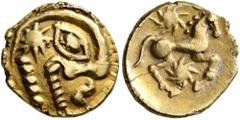 Celtic CELTIC, Northeast Gaul. Bellovaci. Circa 60-30/25 BC. Quarter Stater (Gold, 12 mm, 1.51 g, 1 h), 'à l'astre' type. Devolved and disjointed male head to right, with prominent nose, big eye and a