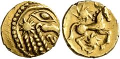 Celtic CELTIC, Northeast Gaul. Bellovaci. Circa 60-30/25 BC. Quarter Stater (Gold, 12 mm, 1.48 g, 6 h), 'à l'astre' type. Devolved and disjointed male head to right, with prominent nose, big eye and a