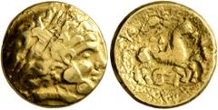 Celtic CELTIC, Northeast Gaul. Caleti. 2nd century BC. Half Stater (Gold, 15 mm, 4.02 g, 7 h), 'type nord-armoricain - à la roue'. Celticized laureate male head to right, with wheel (or two wheels?) o