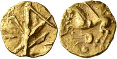 Celtic CELTIC, Northeast Gaul. Nervii. 2nd century BC. Quarter Stater (Gold, 13 mm, 1.94 g, 7 h), 'à la lyre' type. Vertical line with diagonal lines at various angles. Rev. Devolved charioteer drivin