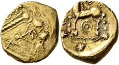 Celtic CELTIC, Northeast Gaul. Remi. Late 2nd to mid 1st century BC. Stater (Electrum, 18 mm, 6.15 g, 5 h), 'à l'oeil' type. Devolved and disjointed laureate male head to right; before, three stars. R