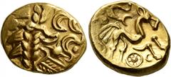Celtic CELTIC, Northeast Gaul. Suessiones. Late 2nd to mid 1st century BC. Stater (Gold, 18 mm, 6.08 g, 4 h), 'à l'ancre' type. Devolved laureate head of Apollo to right. Rev. Celticized horse gallopi