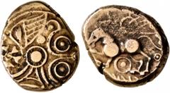 Celtic CELTIC, Northeast Gaul. Suessiones. Late 2nd to mid 1st century BC. Stater (Electrum, 17 mm, 5.90 g), 'statère dérivé du type à l'oeil'. Devolved and disjointed head to right, with wing to righ