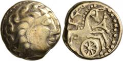 Celtic CELTIC, Central Gaul. Aedui. Late 2nd to first half of 1st century BC. Stater (Electrum, 17 mm, 7.00 g, 11 h), 'à la roue' type. Celticized male head to right, the hair in long curls. Rev. Celt
