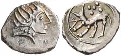 Celtic CELTIC, Southern Gaul. Uncertain tribe. Late 2nd to 1st century BC. Obol (Silver, 12 mm, 0.77 g, 2 h), imitating Massalia. Celticized male head to right, wearing pearl necklace. Rev. Fabulous b