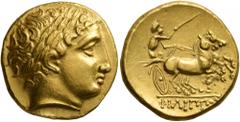 Celtic CELTIC, Central Europe. Helvetii (?). Late 4th to early 3rd century BC. Stater (Gold, 18 mm, 8.47 g, 10 h), 'type de Soy au canthare', imitating Philip II of Macedon. Laureate head of Apollo to