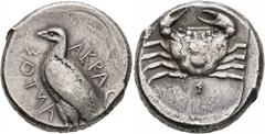 Greek SICILY. Akragas. Circa 470/465-440s BC. Tetradrachm (Silver, 25 mm, 17.46 g, 4 h). AKRAC-ANTOΣ Eagle standing left with closed wings. Rev. Crab within shallow circular incuse. SNG ANS 970 ( same