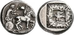 Greek MACEDON. Olynthos. Circa 479-475/0 BC. Tetradrachm (Silver, 25 mm, 17.49 g, 11 h). Male charioteer driving slow quadriga to right, holding kentron in his right hand and reins in his left; above,