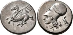 Greek CORINTHIA. Corinth. Circa 375-300 BC. Stater (Silver, 21 mm, 8.61 g, 9 h). Ϙ Pegasus flying left. Rev. Head of Athena to left, wearing laureate Corinthian helmet; behind, eagle standing left wit