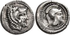 Greek LYCIA. Telmessos. Circa 410-390/80 BC. Stater (Silver, 21 mm, 7.90 g, 9 h), time of Vekhssere II. Head of Herakles to right, wearing lion skin headdress. Rev. Head of Athena to right, wearing cr