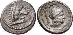 Greek LYCIA. Xanthos. Circa 410-390/80 BC. Stater (Silver, 21 mm, 8.23 g, 7 h), time of Vekhssere II. Head and forepaw of a roaring lion to right. Rev. Head of Athena to right, wearing crested Attic h
