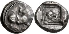 Greek DYNASTS OF LYCIA. Uncertain dynast, circa 480-460 BC. Stater (Silver, 20 mm, 9.15 g, 12 h). Bull kneeling to right, head turned to left. Rev. Head of a ram to left within dotted square within in