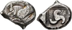 Greek DYNASTS OF LYCIA. Uncertain dynast, circa 480-460 BC. Stater (Silver, 21x15 mm, 8.72 g). Forepart of a winged boar to left. Rev. Triskeles within dotted square within incuse square. Falghera -. 
