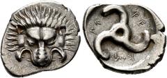 Greek DYNASTS OF LYCIA. Perikles, circa 380-360 BC. 1/3 Stater (Silver, 18 mm, 2.85 g). Facing lion's scalp. Rev. 𐊓𐊁-𐊕𐊆-𐊋𐊍𐊁 ('Perikle' in Lycian) Triskeles. BMC 155-7. Müseler VIII, 47-51. SNG 