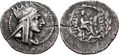 Greek KINGS OF ARMENIA. Tigranes the Younger, 77/6-66 BC. Drachm (Silver, 21 mm, 3.70 g, 1 h), Tigranokerta or Artagigarta, 66/5. Draped bust of Tigranes the Younger to right, wearing five-pointed Arm