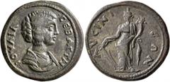 Roman Provincial PISIDIA. Lysinia. Julia Domna, Augusta, 193-217. Tetrassarion (Orichalcum, 27 mm, 12.86 g, 6 h). IOYΛIA •CЄBACTH Draped bust of Julia Domna to right. Rev. ΛYCINIЄΩN Tyche standing fro