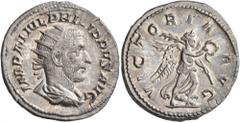 Roman Imperial Philip I, 244-249. Antoninianus (Silver, 22 mm, 4.38 g, 7 h), Rome, 244-247. IMP M IVL PHILIPPVS AVG Radiate, draped and cuirassed bust of Philip I to right, seen from behind. Rev. VICT