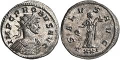 Roman Imperial Probus, 276-282. Antoninianus (Silvered bronze, 22 mm, 3.92 g, 1 h), Ticinum, 280. IMP C PROBVS AVG Radiate and cuirassed bust of Probus to right. Rev. SALVS AVG / Q / TXXI Salus standi