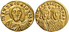 Byzantine Michael III "the Drunkard", with Theodora, 842-867. Solidus (Gold, 20 mm, 4.46 g, 6 h), Constantinopolis, 843-856. IҺSЧS XRISTOS✱ Half-length bust of Christ Pantokrator facing, with cross, h