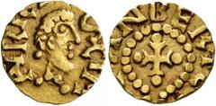 Early Medieval MEROVINGIANS. St. Maurice-d'Agaume. Tremissis (Gold, 12 mm, 1.11 g, 12 h), clerical issue, Bertemindus, moneyer, circa 640-660. SCI M- AV RICI Male head to right. Rev. BERTE-MIN Cross p