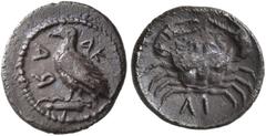 Greek SICILY. Akragas. Circa 450-440 BC. Litra (Silver, 10 mm, 0.55 g, 8 h ). AK-RA Eagle standing left on Ionic capital. Rev. ΛI Crab. HGC 2, 121. SNG ANS 990. Westermark 47031 (O14/R14) and pl. 31, 