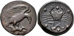Greek SICILY. Akragas. Circa 415-406 BC. Hemilitron (Bronze, 26 mm, 14.03 g, 11 h). Eagle standing right with dead hare in its talons. Rev. Crab; below, hippocamp to left; around, six pellets (mark of