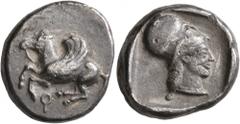 Greek CORINTHIA. Corinth. Circa 500-450 BC. Stater (Silver, 19 mm, 7.96 g, 3 h). Pegasus flying left with curved wing. Rev. Head of Athena to right, wearing Corinthian helmet; all within incuse square