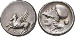 Greek CORINTHIA. Corinth. Circa 375-300 BC. Stater (Silver, 22 mm, 8.44 g, 1 h). Ϙ Pegasus flying left. Rev. Head of Athena to left, wearing Corinthian helmet; below, Λ; behind neckguard, rattle. BCD 