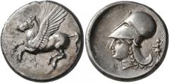 Greek CORINTHIA. Corinth. Circa 375-300 BC. Stater (Silver, 21 mm, 8.53 g, 1 h). Ϙ Pegasus flying left. Rev. Head of Athena to left, wearing Corinthian helmet; below, I; behind neckguard, Nike flying 