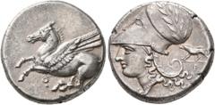 Greek CORINTHIA. Corinth. Circa 375-300 BC. Stater (Silver, 20 mm, 8.62 g, 2 h). Ϙ Pegasus flying left. Rev. Head of Athena to left, wearing laureate Corinthian helmet; below, A-P; behind neckguard, b